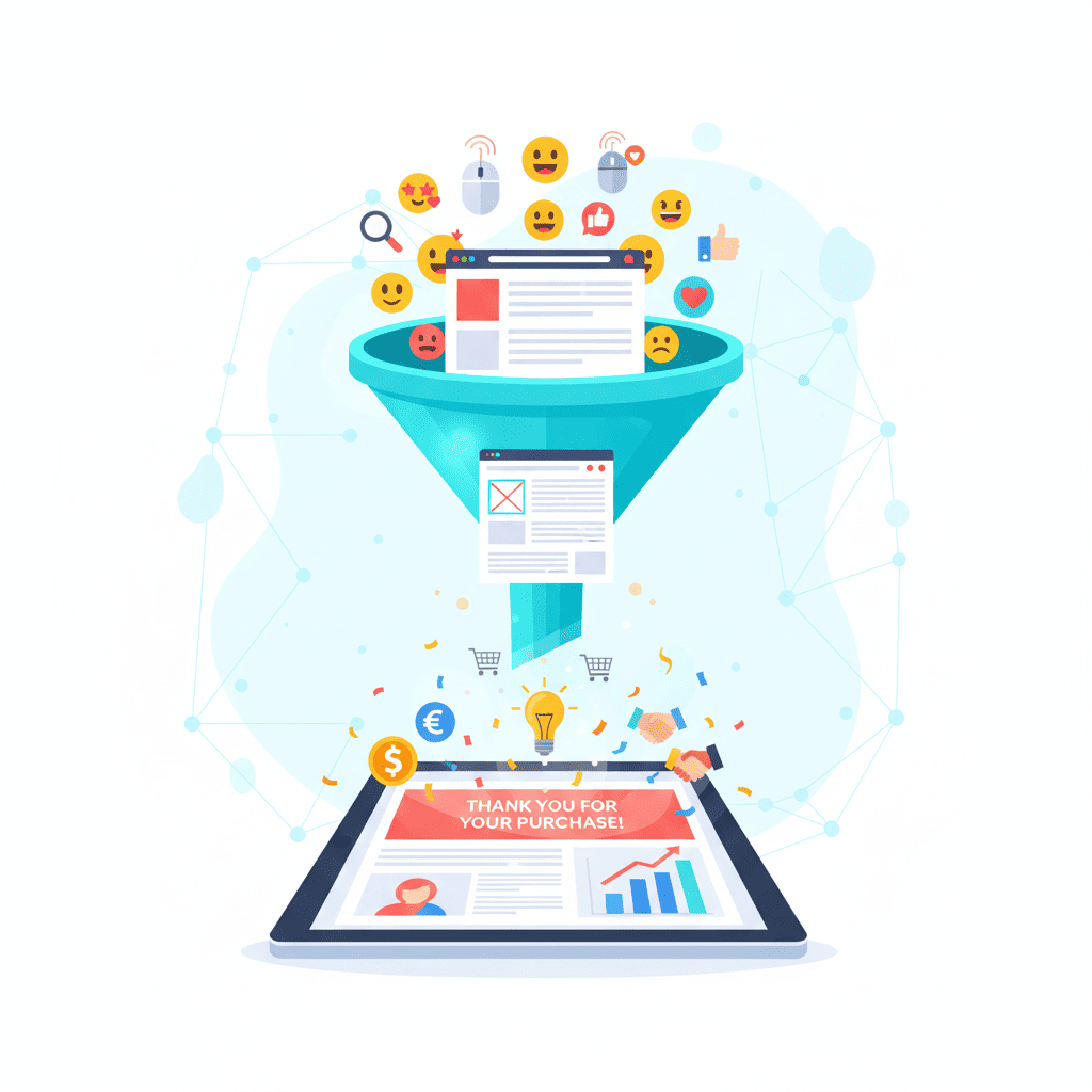 Embudo de conversión web optimizado mostrando visitantes felices y una venta o conversión exitosa en un sitio web