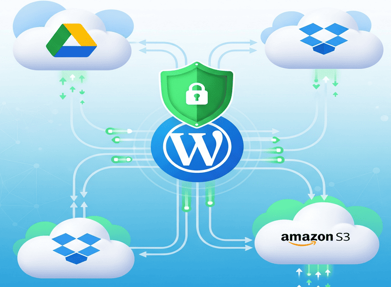 Logotipo de Wordpress interconectado con sistemas de respaldo