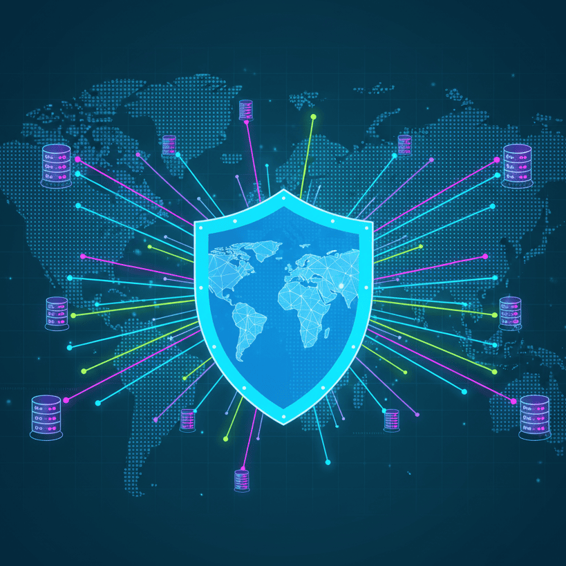 Imagen de articulo de blog de que es un CDN, muestra el mapa mundial interconectado con un escudo.