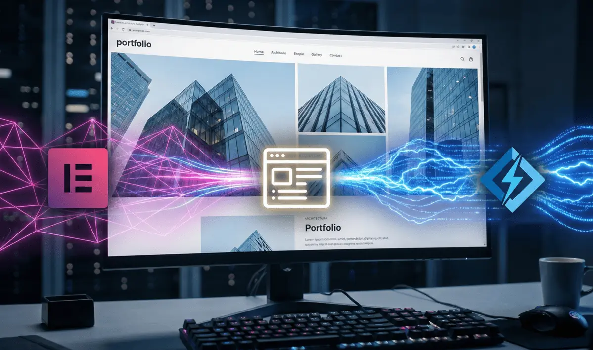 Optimizar_Elementor_Litespeed Monitor de un desarrollador mostrando un sitio web complejo cargado perfectamente | GAB Developers Diseño Web