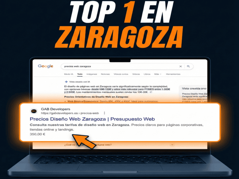 Captura de pantalla de Google mostrando a GAB Developers en la posición número 1 para la búsqueda precios web Zaragoza, demostrando nuestra transparencia en tarifas de diseño web.